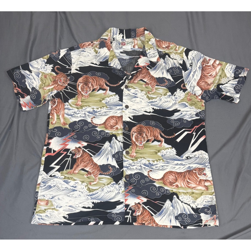 Vtg Hilo Hattie Hawaiian Shirt Mens XL Tiger Wave Mountain Print Cotton Rayon